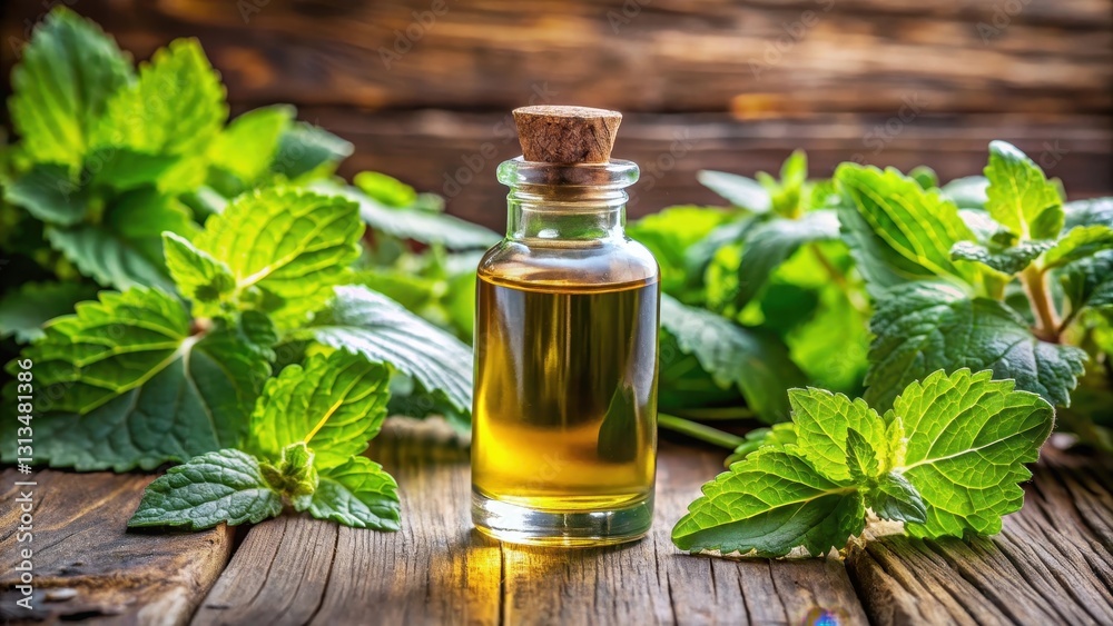 Aromatic oil bottle on a wooden table with fresh patchouli leaves and herbs in the background, fragrant oils, greenery Aromatic oil bottle on a wooden table with fresh patchouli leaves and herbs in the background, fragrant oils, greenery