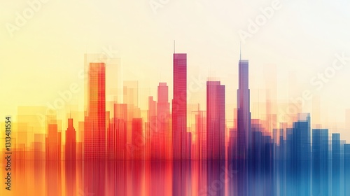 Urban Skyline with Colorful Sunset Gradient and Blurred Effects in Background