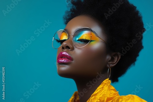 Vibrant Afro Hair Model with Bold Makeup and Colorful Background