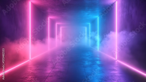 Neon light show futuristic tunnel digital art colorful environment wide angle visual concept for impact