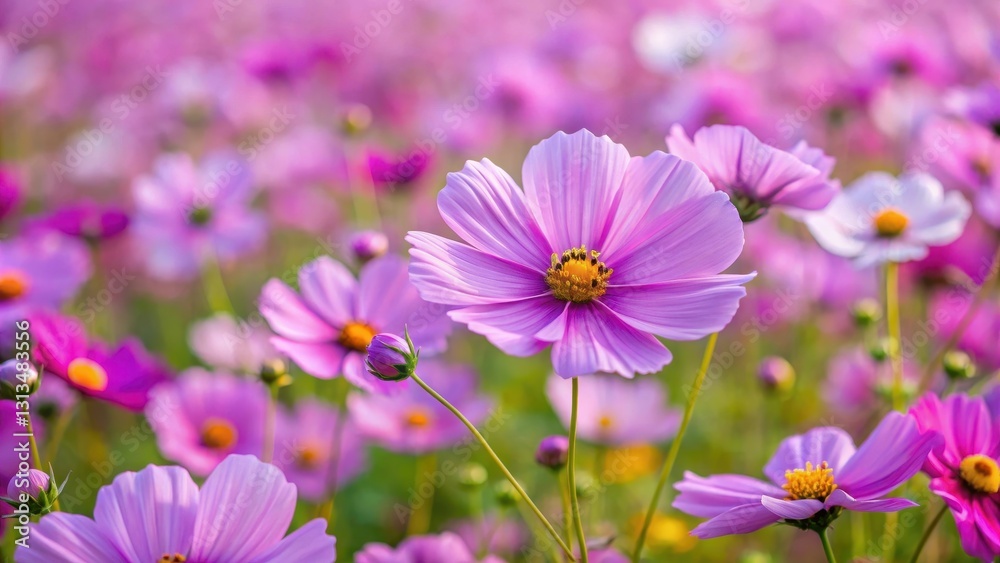 Field of cosmos flowers with delicate purple petals and yellow centers, stretching as far as the eye can see , wildflowers, cosmos flower field Field of cosmos flowers with delicate purple petals and yellow centers, stretching as far as the eye can see , wildflowers, cosmos flower field