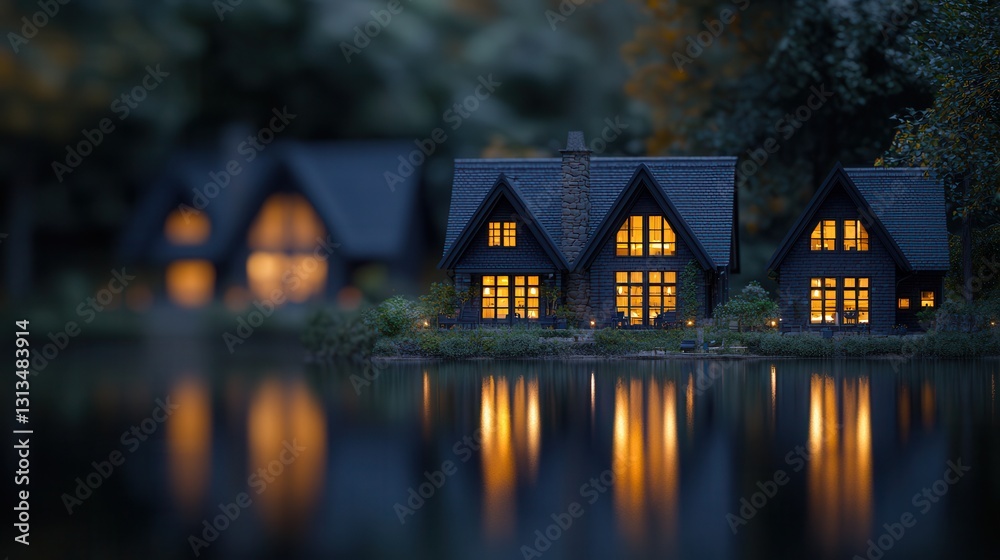 Cozy rustic cabins by serene lake at twilight with glowing warm lights Cozy rustic cabins by serene lake at twilight with glowing warm lights