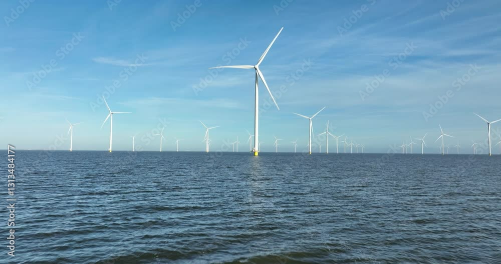 Aerial view of offshore wind farm with wind turbines on the Ijsselmeer in land water, the Netherlands, Europe. wind turbines, wind mills on a blue, calm, water.