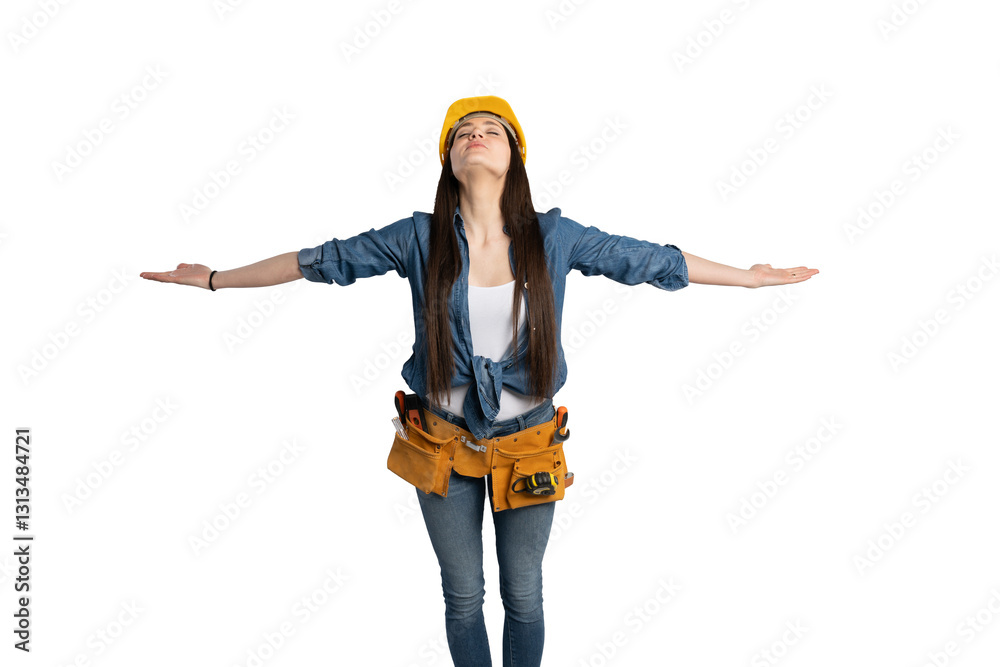 Naklejka premium Female construction worker with arms wide open