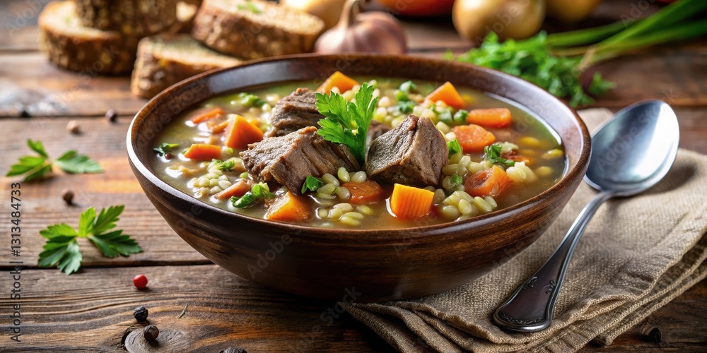 Hearty beef and barley soup simmering in a rich vegetable broth with tender chunks of beef and springy barley, comforting Hearty beef and barley soup simmering in a rich vegetable broth with tender chunks of beef and springy barley, comforting