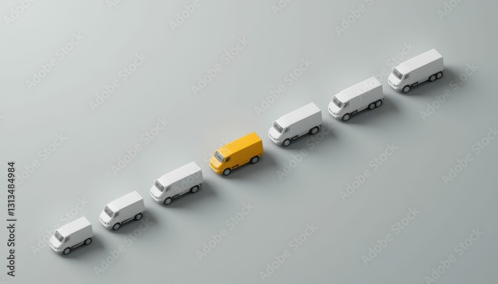 Fototapeta premium Bright Yellow Delivery Van Stands Out Among White Commercial Vans