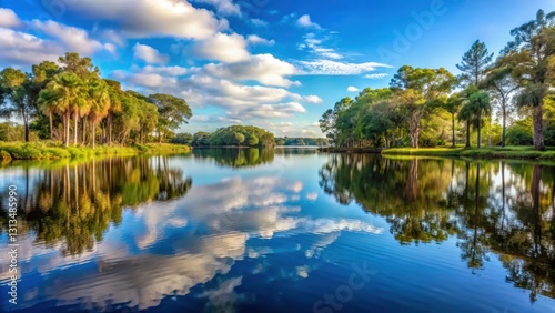A serene lake with calm water reflecting trees and sky in a tranquil atmosphere, outdoors, Seminole County