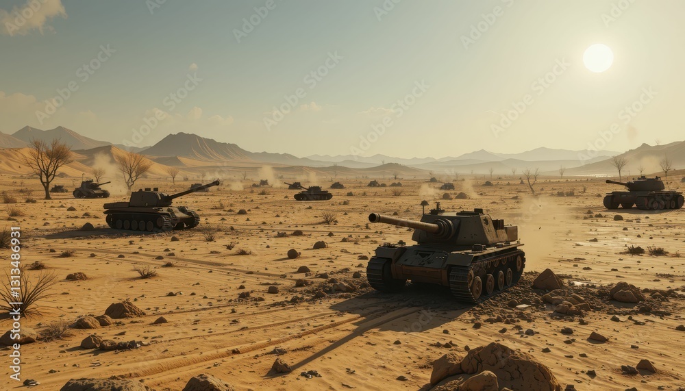 Tanks in Desert Landscape with Mountains and Sunlight at Dusk Tanks in Desert Landscape with Mountains and Sunlight at Dusk