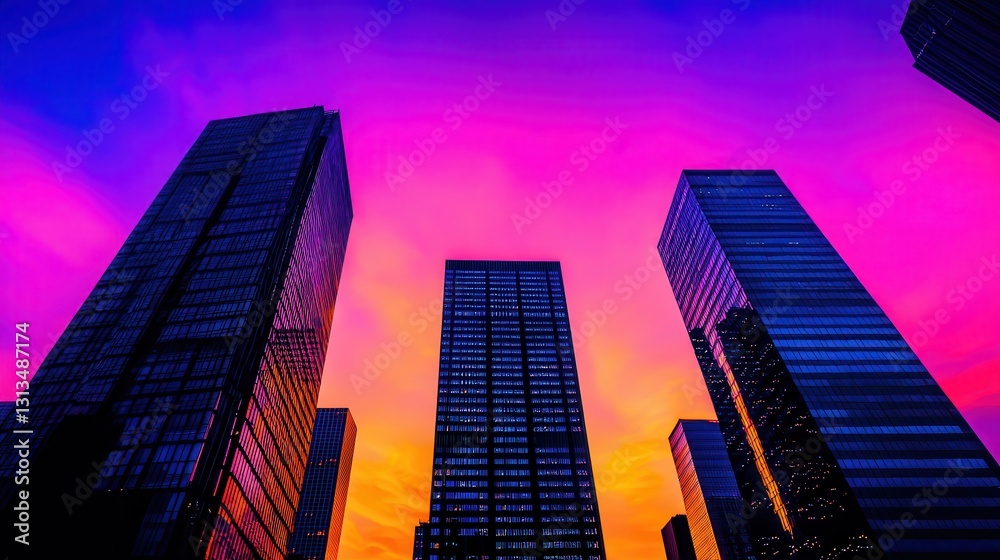 Fototapeta premium Vibrant Sunset Over Urban Skyline with Glass Buildings and Colorful Clouds