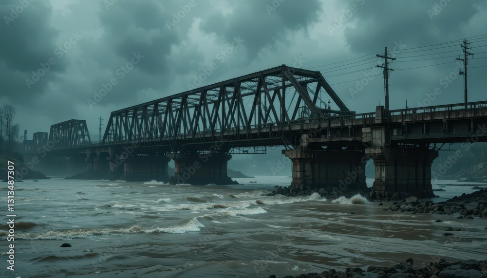 Dramatic Overcast Sky Above Industrial Train Bridge in Stormy Weather Dramatic Overcast Sky Above Industrial Train Bridge in Stormy Weather