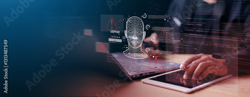 Deepfake concept ,Facial tracking, detection and recognition technology, Security system. Cyber security and Security password login online concept.