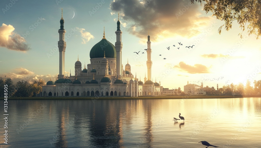 Naklejka premium Majestic mosque by tranquil lake at sunrise