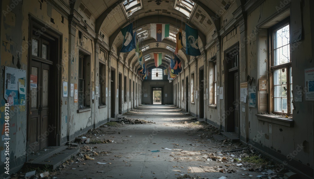 Abandoned corridor with peeling walls and scattered debris in ruins Abandoned corridor with peeling walls and scattered debris in ruins