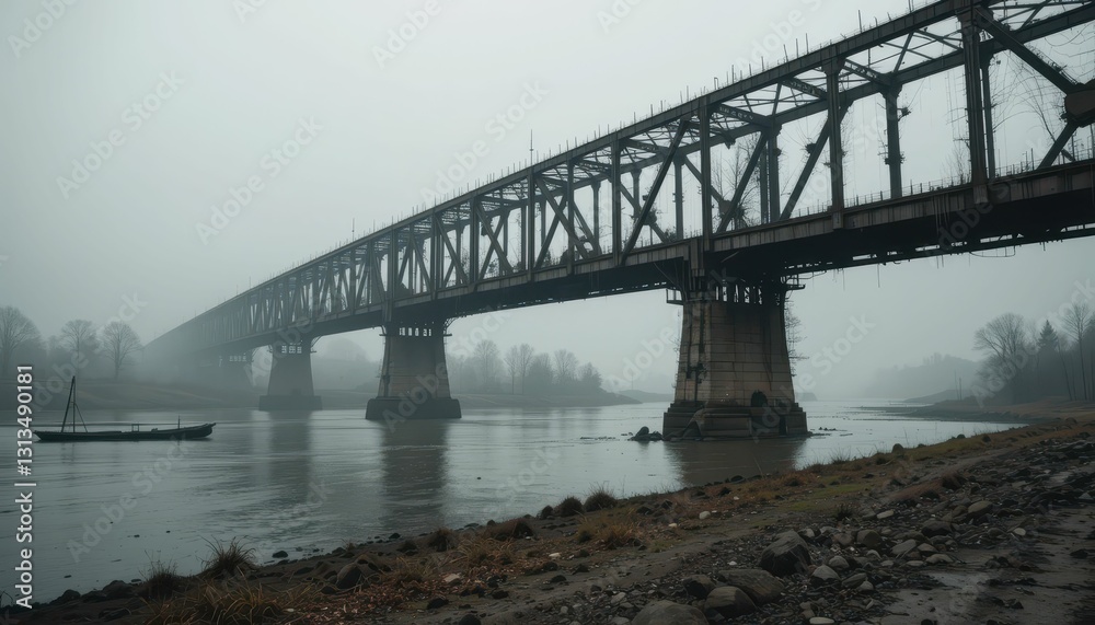 Foggy River Bridge with Calm Water and Mysterious Atmosphere Foggy River Bridge with Calm Water and Mysterious Atmosphere