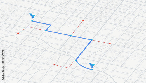 GPS navigation system displaying multiple markers and pins along designated route. Abstract urban plan POI with city streets. Vector illustration travel path for travel.