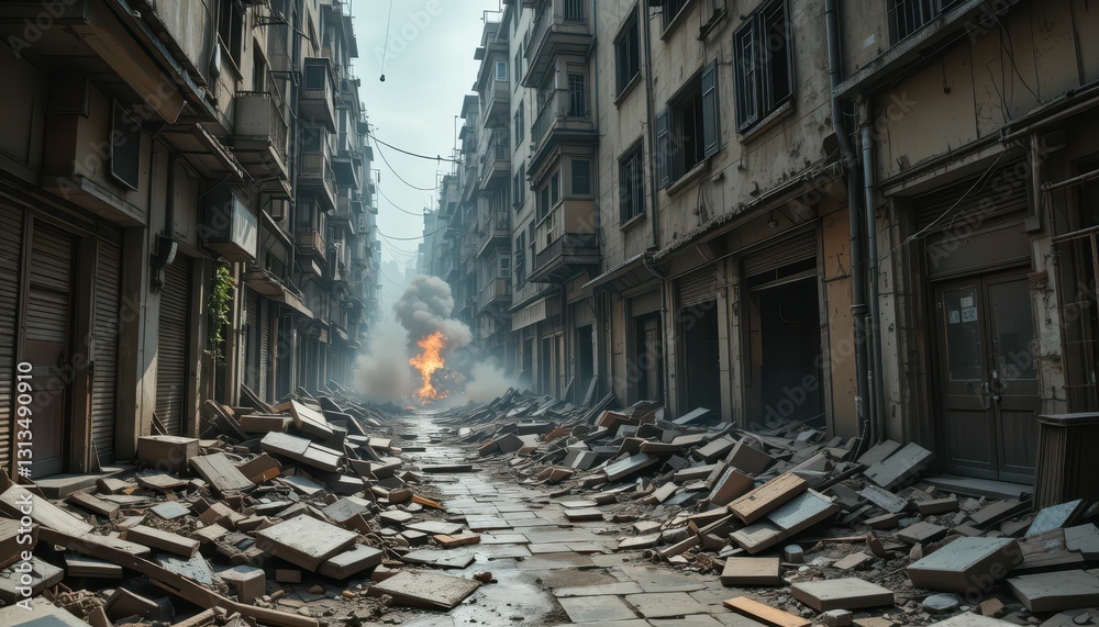 Desolate Urban Street with Rubble and Smoke After Explosion Effects Desolate Urban Street with Rubble and Smoke After Explosion Effects