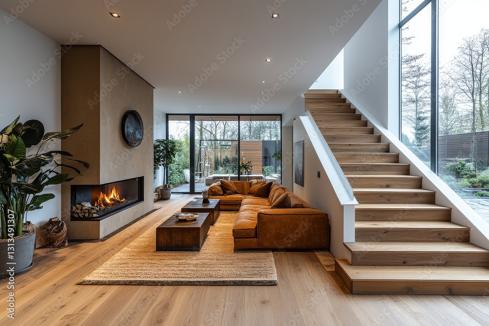 Obraz premium Spacious Dutch-style living room with wooden floor, white walls, comfortable sofas, coffee table, fireplace, and staircase leading to upper level.