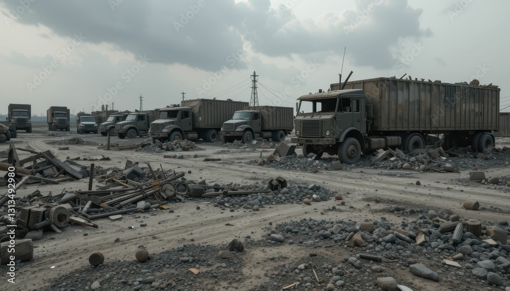 Fototapeta premium Abandoned Military Trucks on a Dusty Gravel Road in Desolate Area