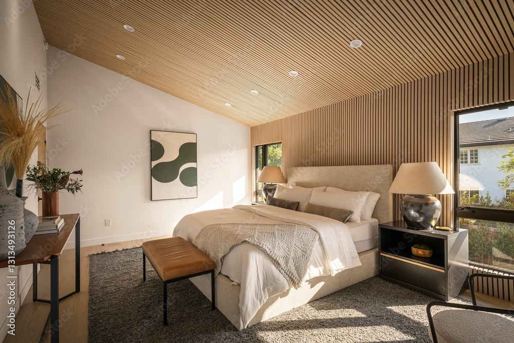 Fototapeta premium Contemporary Bedroom with Large Windows and Modern Decor