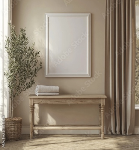 Empty Frame  Wooden Table  Beige Room