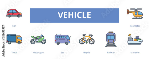 Vehicle Lineal Color Banner Web Icon Set Vector Illustration, Car Truck Motorcycle Bicycle Bus Railway Maritime Helicopter 