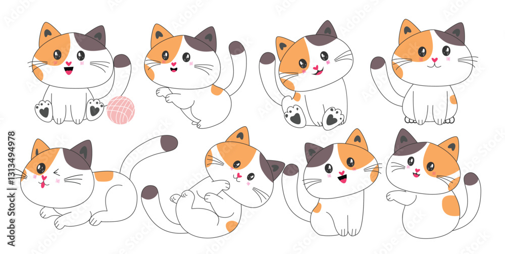Fototapeta premium Cat drawing character clipart set. Cute cat character in happy pose, playful, adorable smile and cheerful flat icon outline elements group collection with orange and gray pastel color vector 