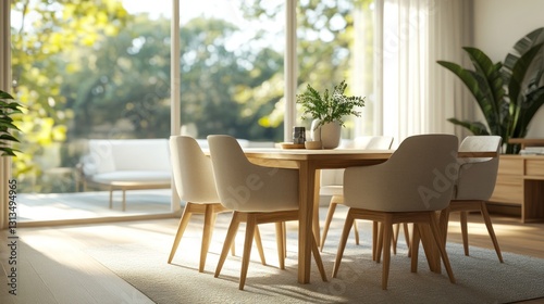 Modern dining area with patio view. Interior design