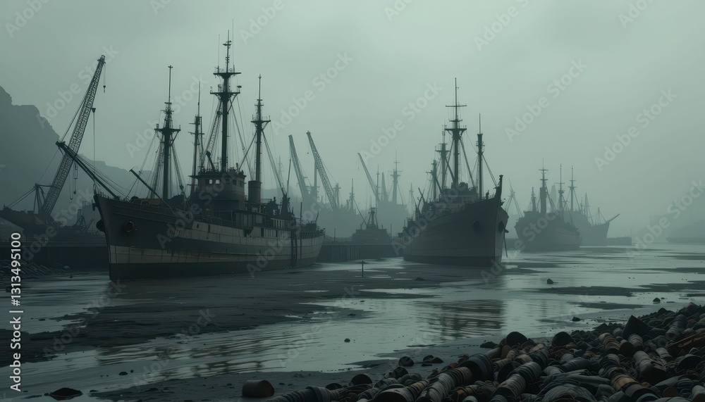 Fototapeta premium Foggy Harbor Scene with Abandoned Ships and Misty Landscape