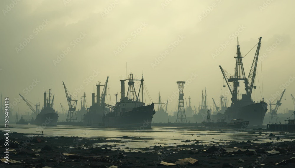 Fototapeta premium Industrial Port Scene with Ships and Cranes Under Foggy Skies