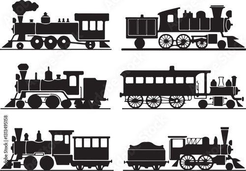 Train silhouette vector icons in black and white featuring vintage locomotives, modern engines, passenger cars, transportation and travel themes