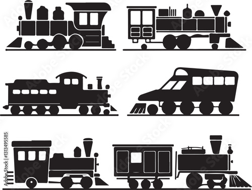 Train silhouette vector icons in black and white featuring vintage locomotives, modern engines, passenger cars, transportation and travel themes
