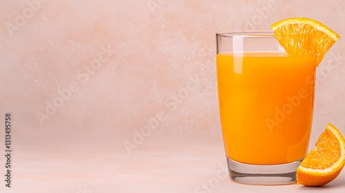 A vibrant glass of freshly squeezed orange juice garnished with a wedge on a soft pink background creating a refreshing and appetizing visual. photo