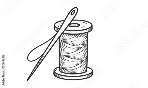 Spool of thread with needle vector illustration, hand drawn style, detailed vector, monochrome design, minimalist design, isolated on a white background