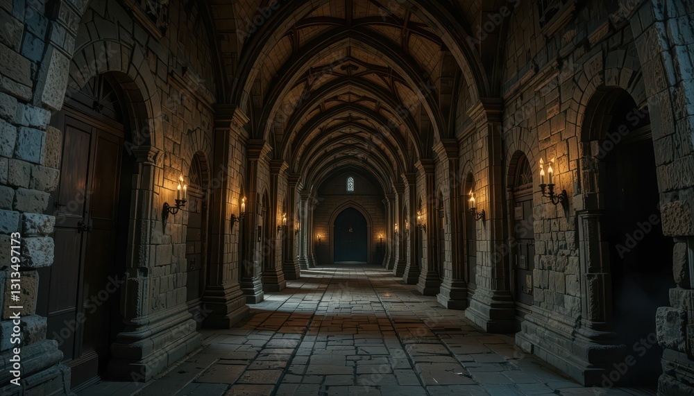 Obraz premium Dark Gothic Corridor with Arched Ceiling and Stone Walls