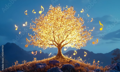 Enchanted Tree Glowing with Musical Notes Under a Starry Sky