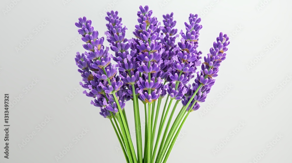 Fototapeta premium A fresh bouquet of lavender showcasing vibrant purple blooms nestled against a soft gray background, perfect for adding a touch of nature to any space.
