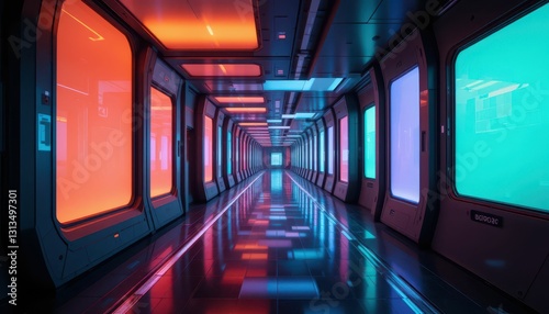 Futuristic Hallway with Neon Lights and Glossy Flooring