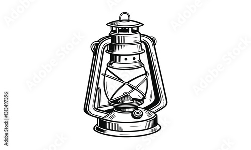 Vintage oil lamp vector illustration, hand drawn style, detailed vector, monochrome design, minimalist design, isolated on a white background