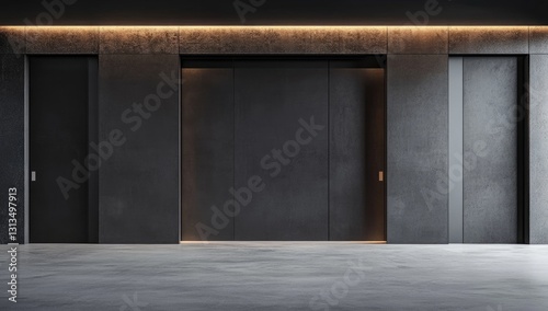 Modern dark concrete hallway with sliding doors