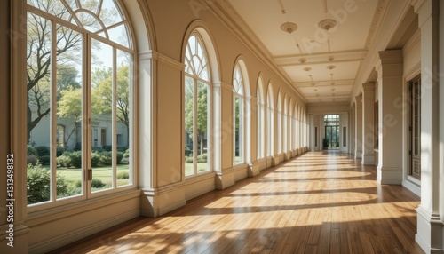Serene Sunlit Corridor with Arched Windows and Wooden Flooring