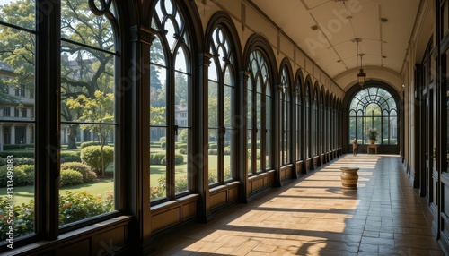 Elegant Arched Windows Overlooking Lush Garden in Serene Hallway