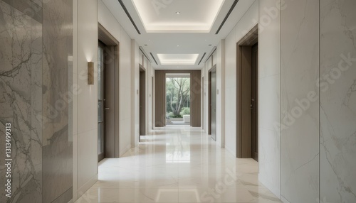 Elegant Modern Corridor with Stylish Elevators and Natural Light