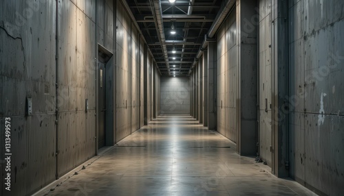 Dark Abstract Corridor with Concrete Walls and Ceiling Lights