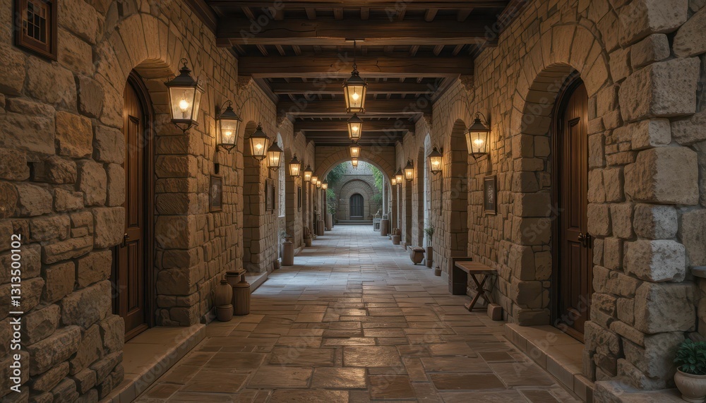 Serene Stone Corridor with Warm Lanterns and Rustic Charm Serene Stone Corridor with Warm Lanterns and Rustic Charm