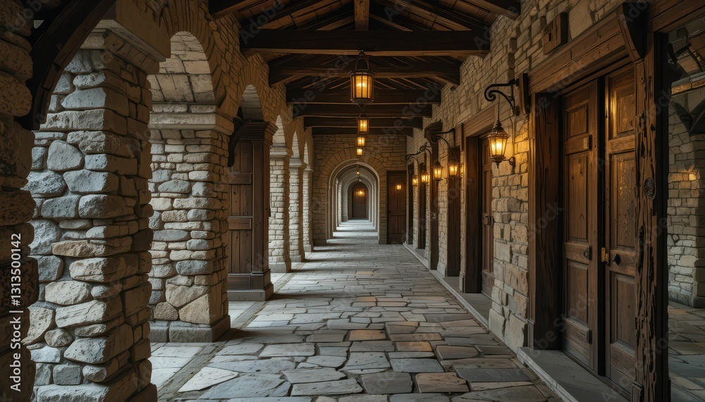 Serene Stone Corridor with Lanterns and Wooden Doors in Rustic Style Serene Stone Corridor with Lanterns and Wooden Doors in Rustic Style