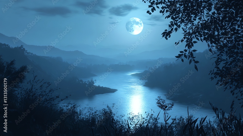 Serene Moonlit Lake Scene with Soft Blue Twilight Reflections Serene Moonlit Lake Scene with Soft Blue Twilight Reflections