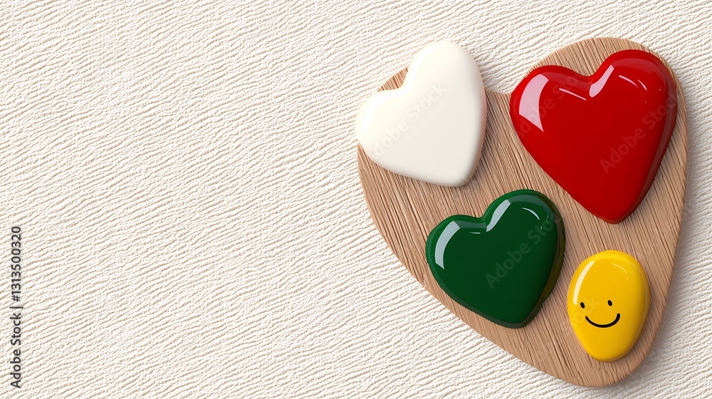 Obraz premium A vibrant heart-shaped paint palette featuring green red white and yellow colors against a textured background creating an artistic and playful atmosphere.