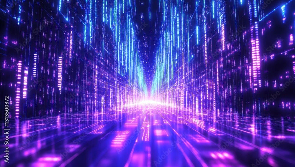 Futuristic Digital Tunnel with Bright Neon Lights Creating a Sense of Speed and Depth in a Virtual Reality Environment Futuristic Digital Tunnel with Bright Neon Lights Creating a Sense of Speed and Depth in a Virtual Reality Environment