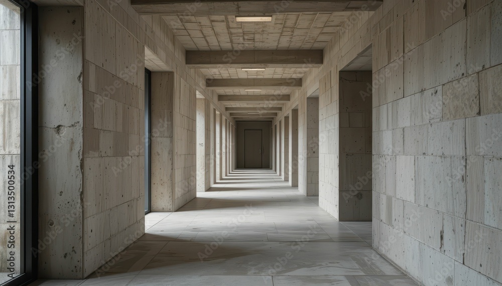Modern architectural corridor featuring concrete walls and symmetry Modern architectural corridor featuring concrete walls and symmetry