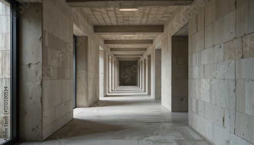 Modern architectural corridor featuring concrete walls and symmetry